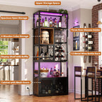 Armocity 82.6" Tall Bar Cabinet with Power Outlets & LED Lights, Liquor Cabinet Bar for Home, Reversible Coffee Station Wine Cabinet with Glass Holder & Wine Rack for Small Space, Rustic Brown