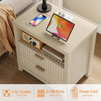 Furnulem Nightstand with Charging Station, 2 Drawers Fluted Night Stand | 19.7 inch Wide Bedside Table for Bedroom , Modern Nightstand with Wooden Legs and Metal Handle, Wood End Table, Natural Oak