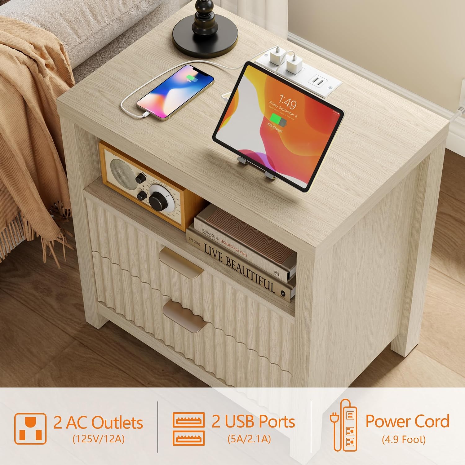 Furnulem Nightstand with Charging Station, 2 Drawers Fluted Night Stand | 19.7 inch Wide Bedside Table for Bedroom , Modern Nightstand with Wooden Legs and Metal Handle, Wood End Table, Natural Oak