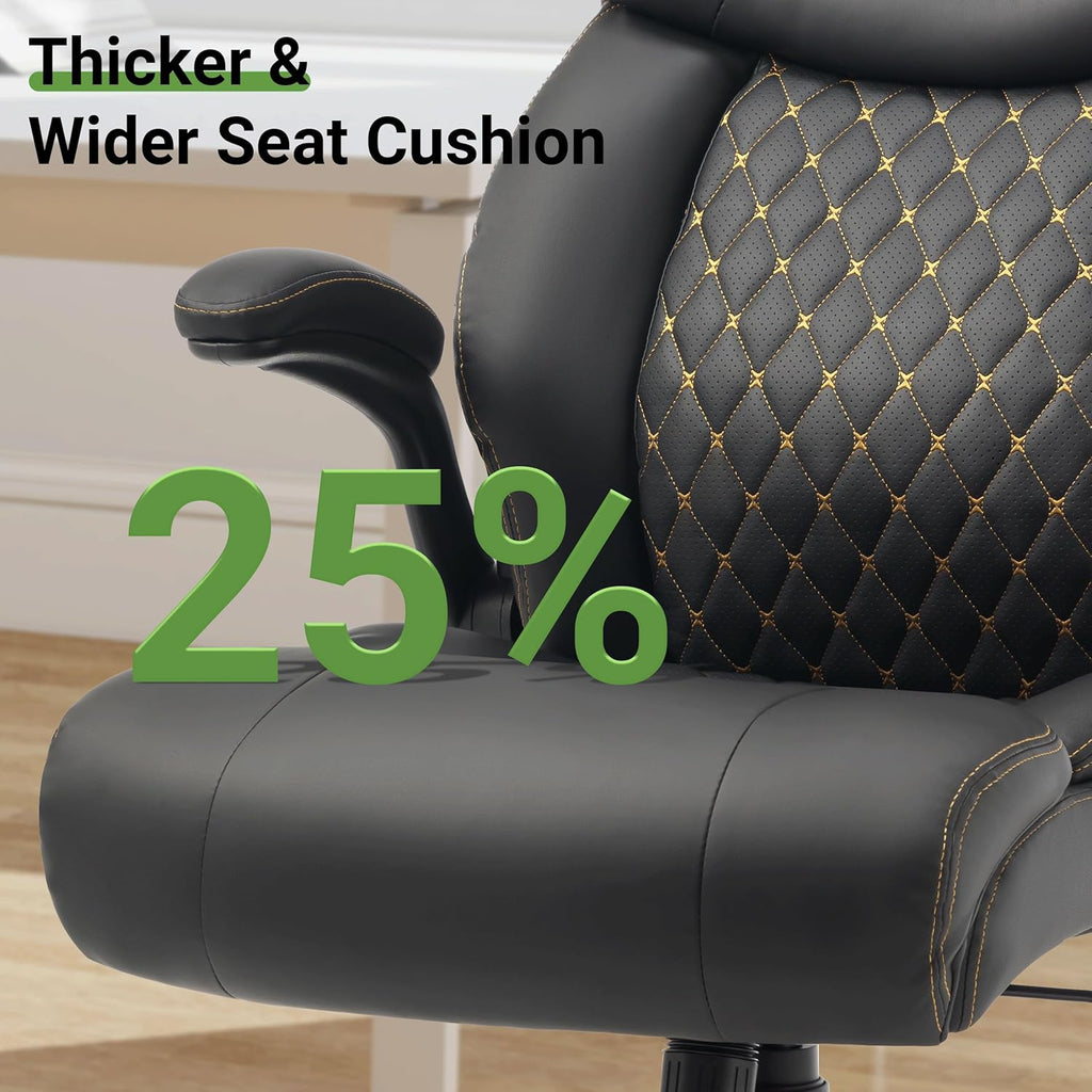 Office Chair, Big and Tall Executive Chairs with Lumbar Support for Back Pain, Breathable Desk Computer Chair with Adjustable Flip-up Armrests, Wide Cushion Swivel Home Office Chair Black PU