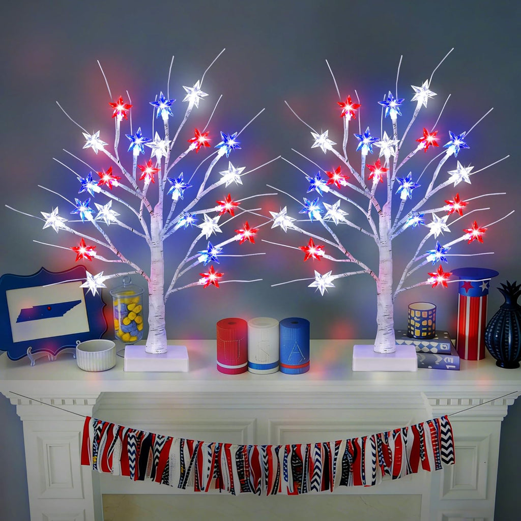 2 Pack 18" 4th of July Patriotic Tree Lights with 24 LED Red White Blue Star Lights Battery or USB Powered Lighted Tabletop Tree, Independence Day Memorial Day Decorations for Home Party Table Decor