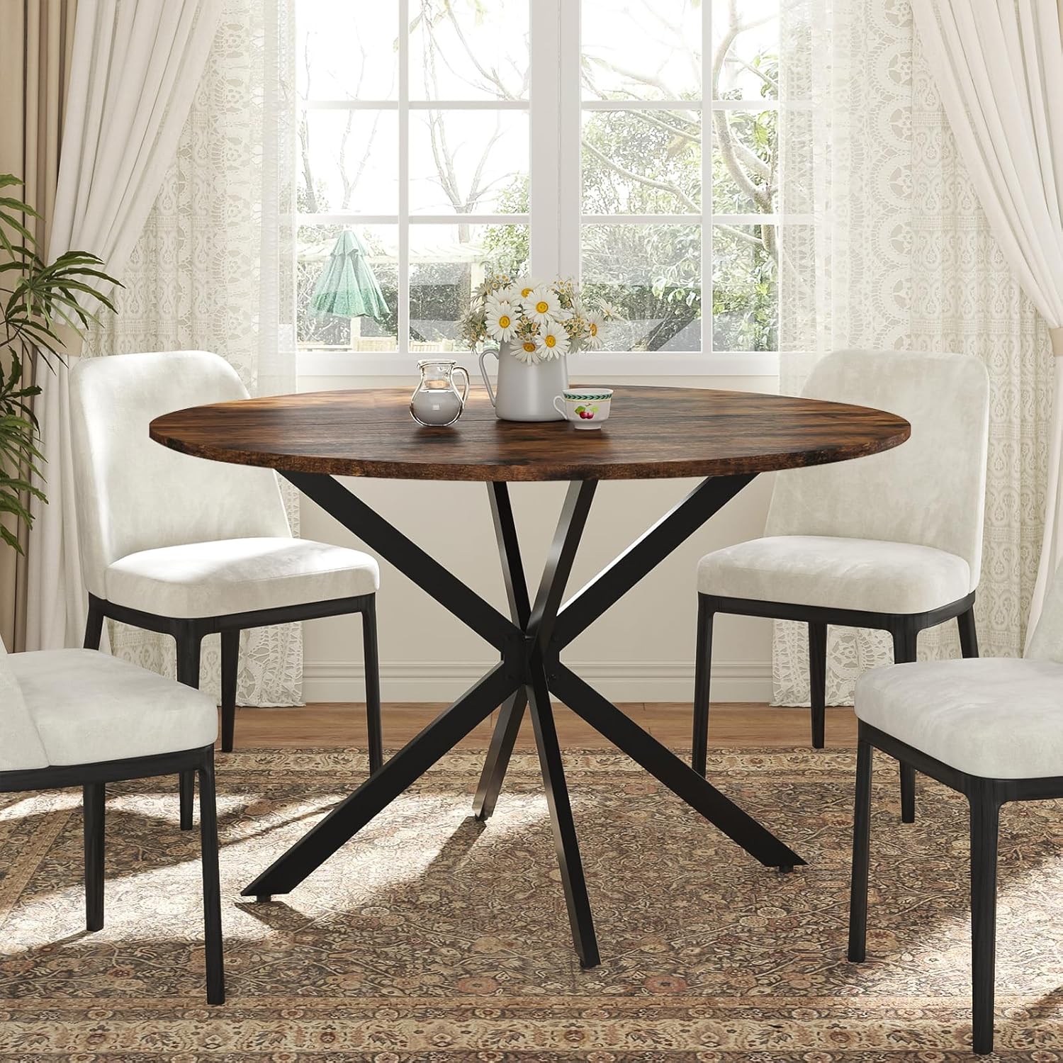 Unovivy 47 Inch Round Dining Table for 4,Space Saving Circle Dining Table with Pedestal Metal Frame,Farmhouse Wood Round Kitchen Table for Living & Dining Room,Rustic Brown