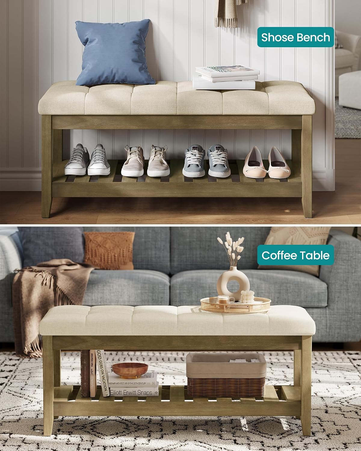 SONGMICS Entryway Storage Bench with Solid Wood Frame, Console Table with Storage, Sofa Table, Ottoman with Tufted Cushion, for Living Room, 15.7 x 42.9 x 17.7 Inches, Summer Sand ULSF009LF01