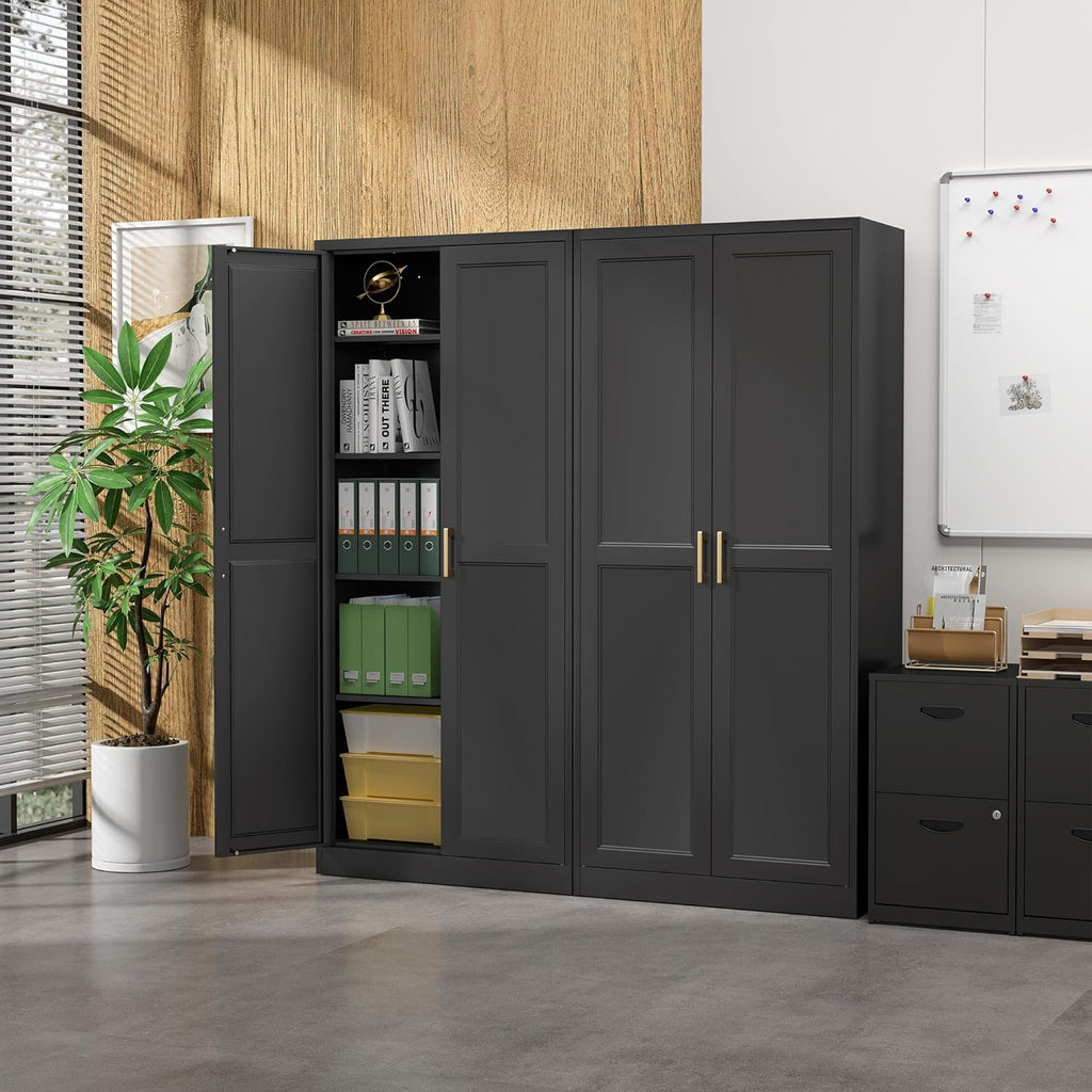 SteeLoong Kitchen Pantry Cabinet,71”Black Metal Pantry Storage Cabinet with Doors and 4 Adjustable Shelves,Kitchen Cabinet with 2 Gold Handles,Tall Cabinet for Livingroom,Pantry, Bathroom