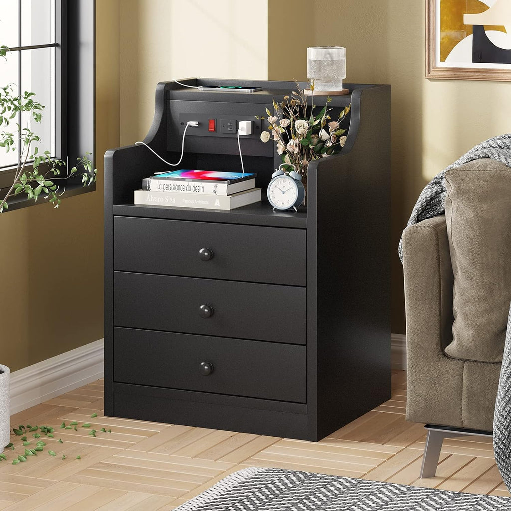 ADORNEVE Black Nightstand with Charging Station & Drawers | Night Stand for Bedroom,End Table with Hutch & 3 Storage Drawers