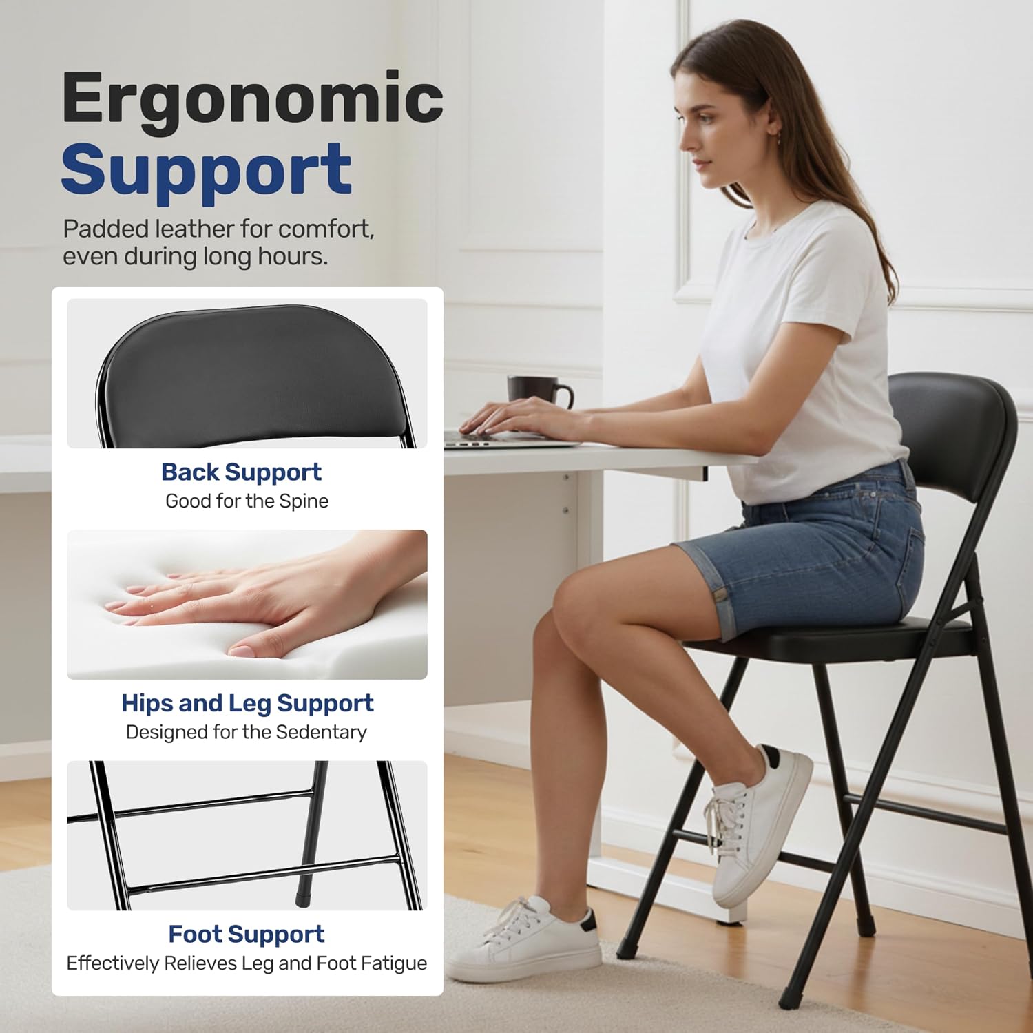 Simple Deluxe Dining Chairs Set of 4, Leather Cushion Foldable Contemporary Kitchen Side Chair with Padded Back & Sturdy Metal Legs, Upholstered Seat for Home/Living Room/Bedroom/Cafe, Black