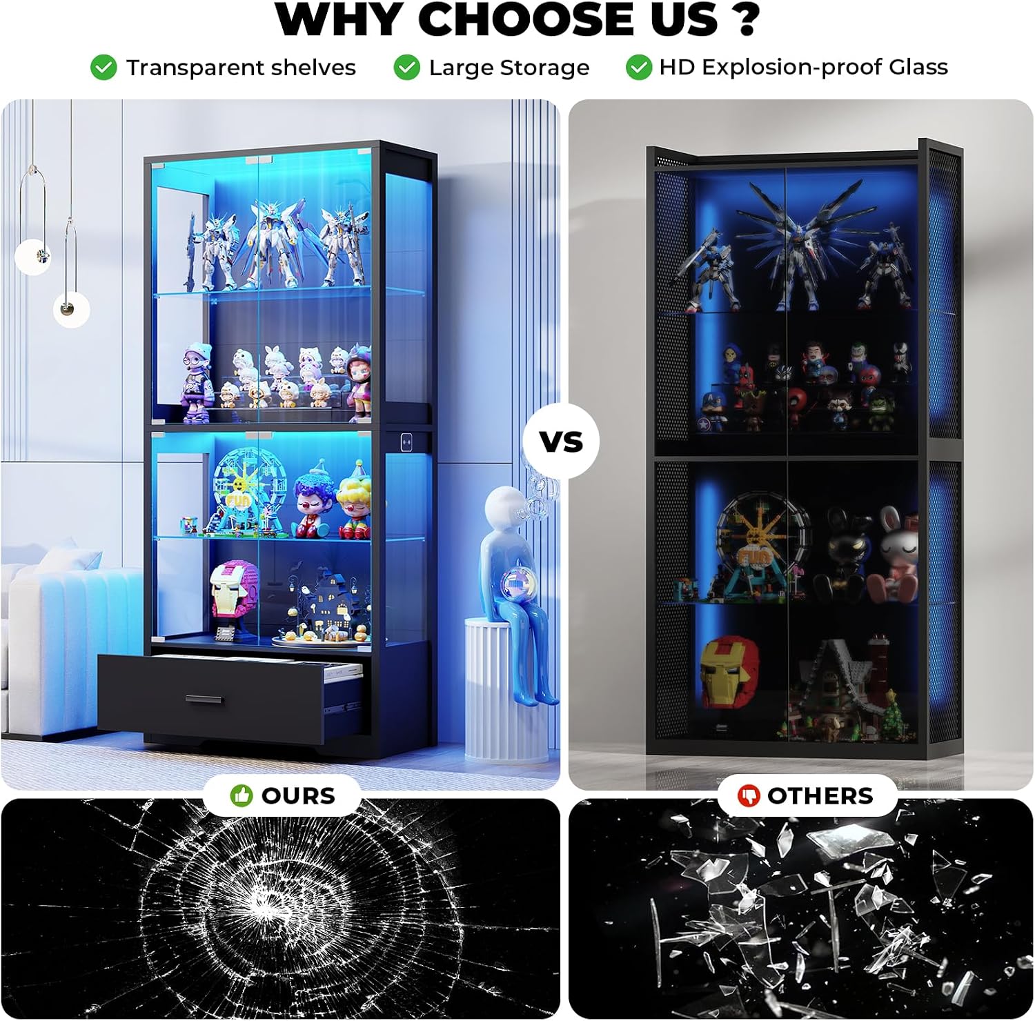BROTTAR Display Cabinet with Glass Doors, 4-Tier Curio Cabinet with Drawer for Collectibles, Display Case with 3-Color Lights & Human Body Sensor, Storage Cabinets with Adjustable Glass Shelves, Black