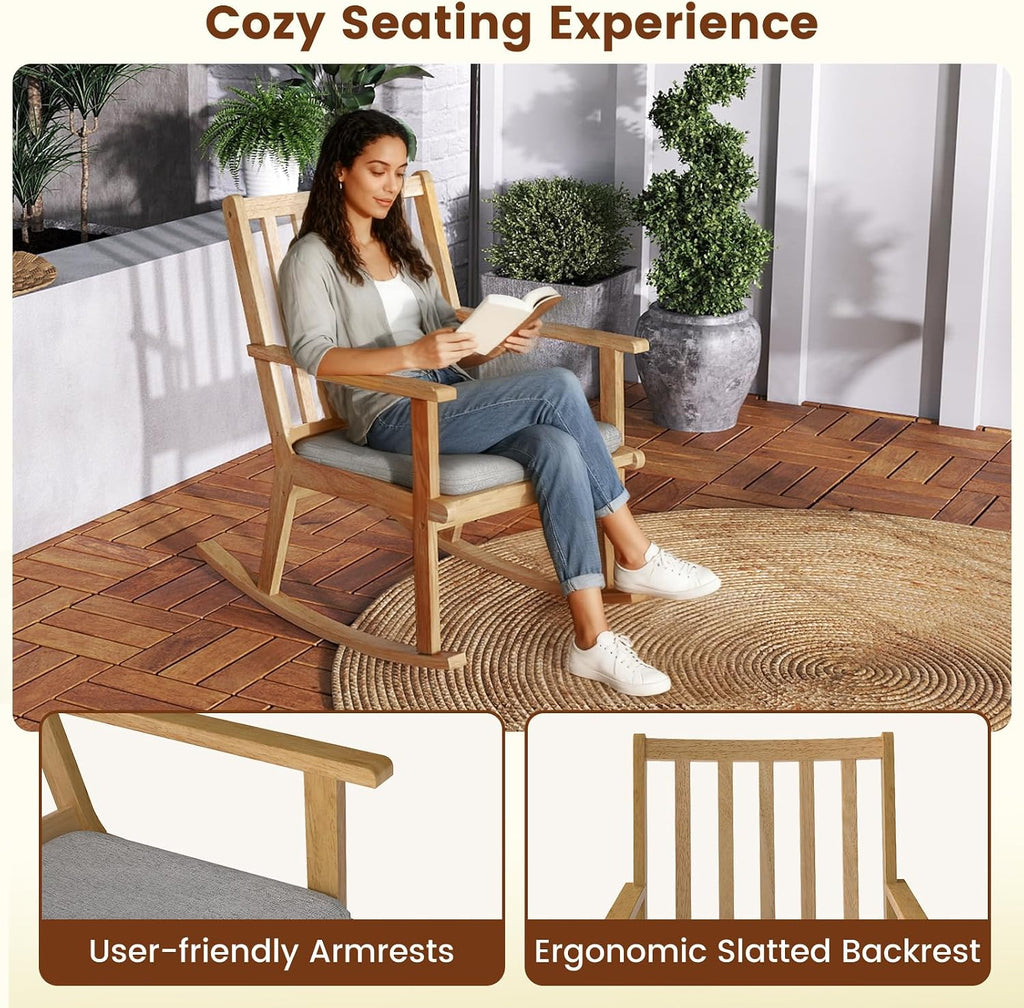 GOFLAME Wooden Rocking Chair, Accent Rocker Chair with Rustic Rubber Wood Frame, Removable Cushion and Ergonomic Slatted Backrest, Indoor Armchair for Nursery, Living Room, Bedroom