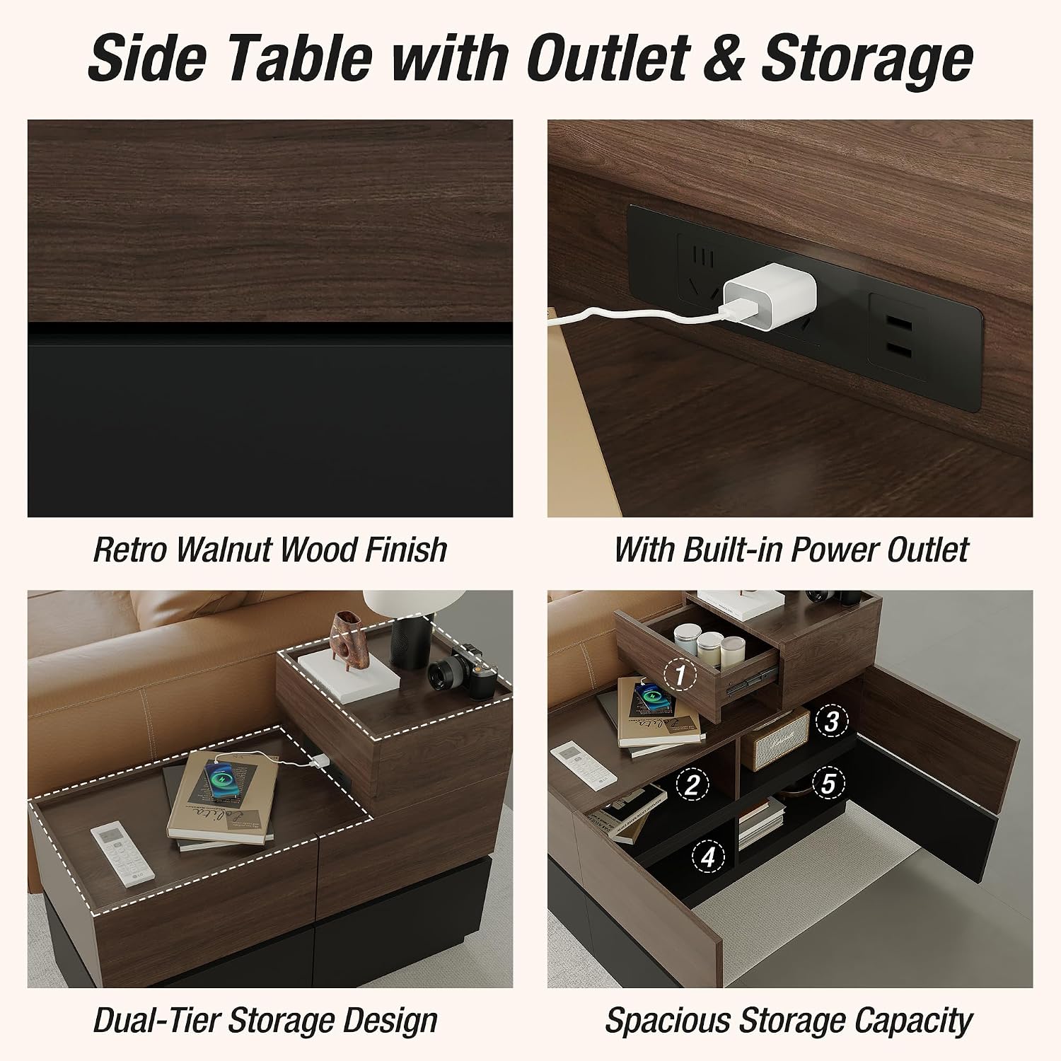 Modern Sofa Side Cabinet, Side Table with USB Interface and Power Outlet, Walnut Wood Living Room Bedroom Side Cabinet Modern Bedside Table with Charging Station for Living Room, Bedroom