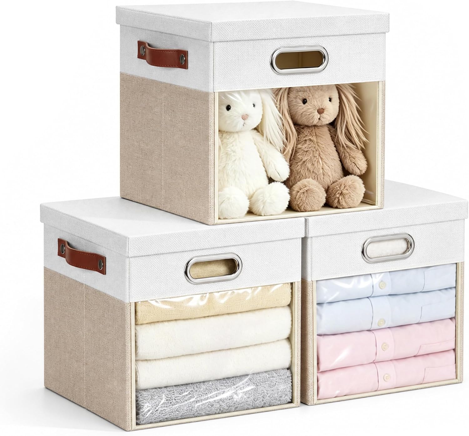 Ultra Thick Fabric Storage Cubes with Lids & Windows, 11-Inch Foldable Closet Storage Bins with 3 Handles, Home Decorative Boxes for Bedroom, Living Room, Dorm, Office (Beige & White)