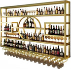 55in Modern Wine Rack Wall Mounted, Metal Wall Bar Shelves for Liquor Bottles with Glass Holder, Multifunctional Wood Bar Shelves Wall Mounted for Home Bar, Dining Room & Kitchen, Gold