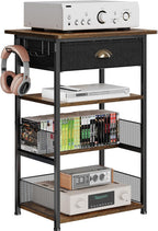 Hongtamoya 4-Tier AV Media Stand with Drawer, Video Game Console Shelf with 2 Hooks, Audio Rack Tower Perfect for/Xbox/ PS5/Switch/Game Consoles/DVD/Record Player/Projector/Sky Box/TV Accessories