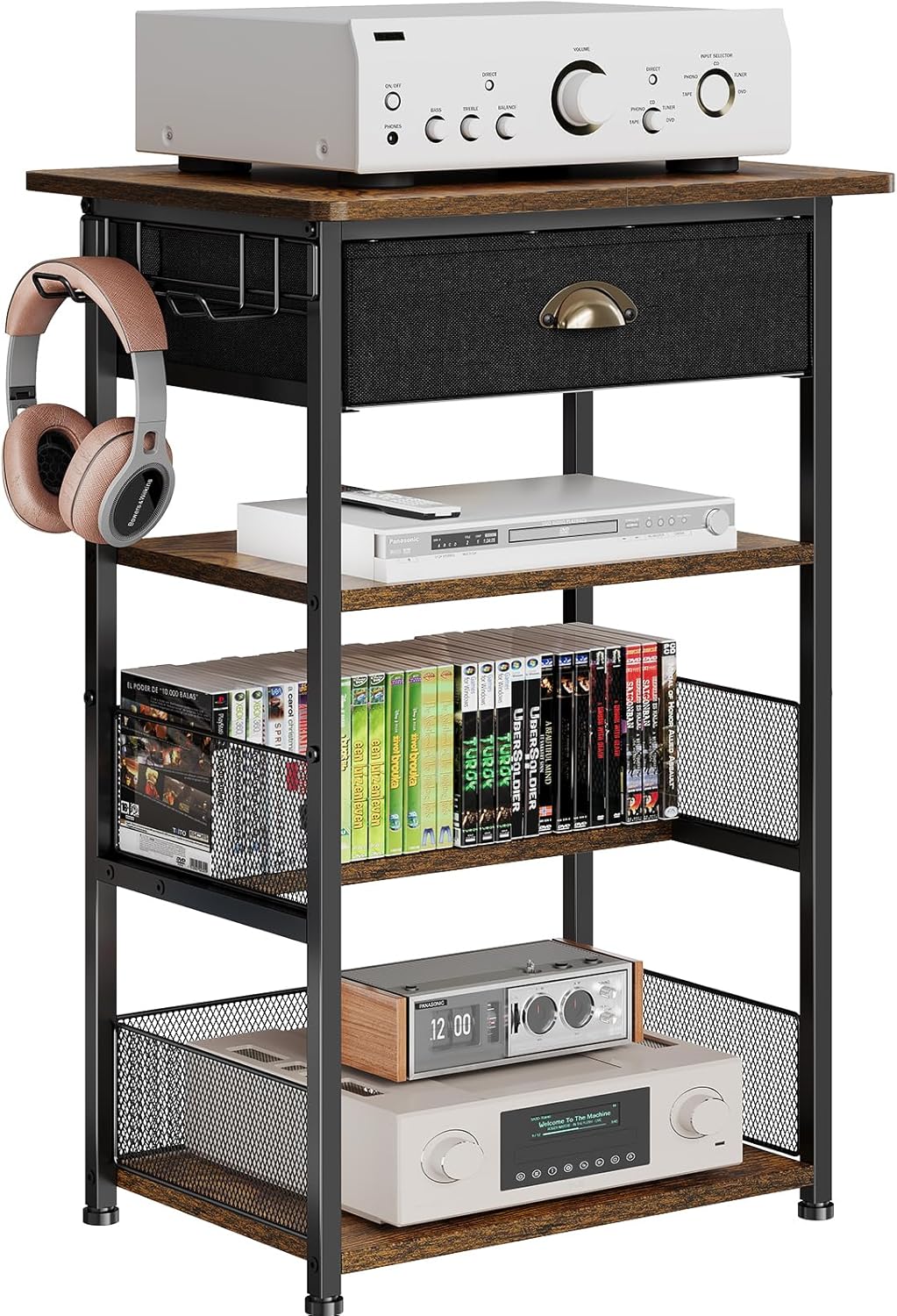 Hongtamoya 4-Tier AV Media Stand with Drawer, Video Game Console Shelf with 2 Hooks, Audio Rack Tower Perfect for/Xbox/ PS5/Switch/Game Consoles/DVD/Record Player/Projector/Sky Box/TV Accessories