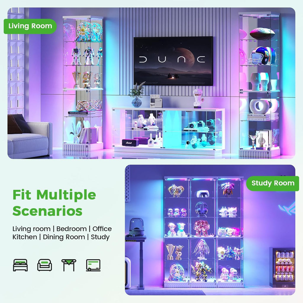 HNEBC Glass Display Cabinet, LED Display Case with RGB Lighting, Lockable Curio Cabinet with Explosion-Proof Glass Doors for Collectibles,5-Tier China Cabint with Motion Sensor Light-White