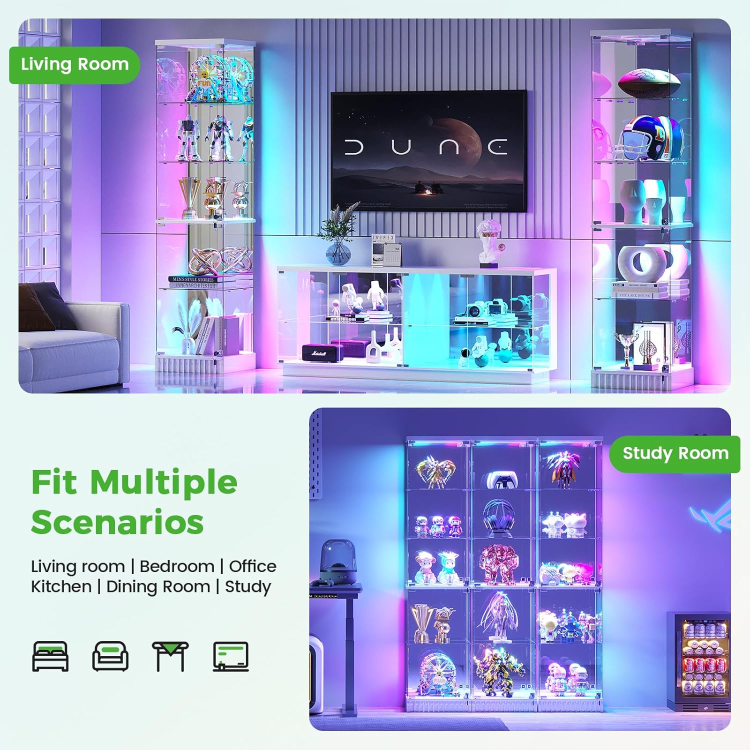 HNEBC Glass Display Cabinet, LED Display Case with RGB Lighting, Lockable Curio Cabinet with Explosion-Proof Glass Doors for Collectibles,5-Tier China Cabint with Motion Sensor Light-White