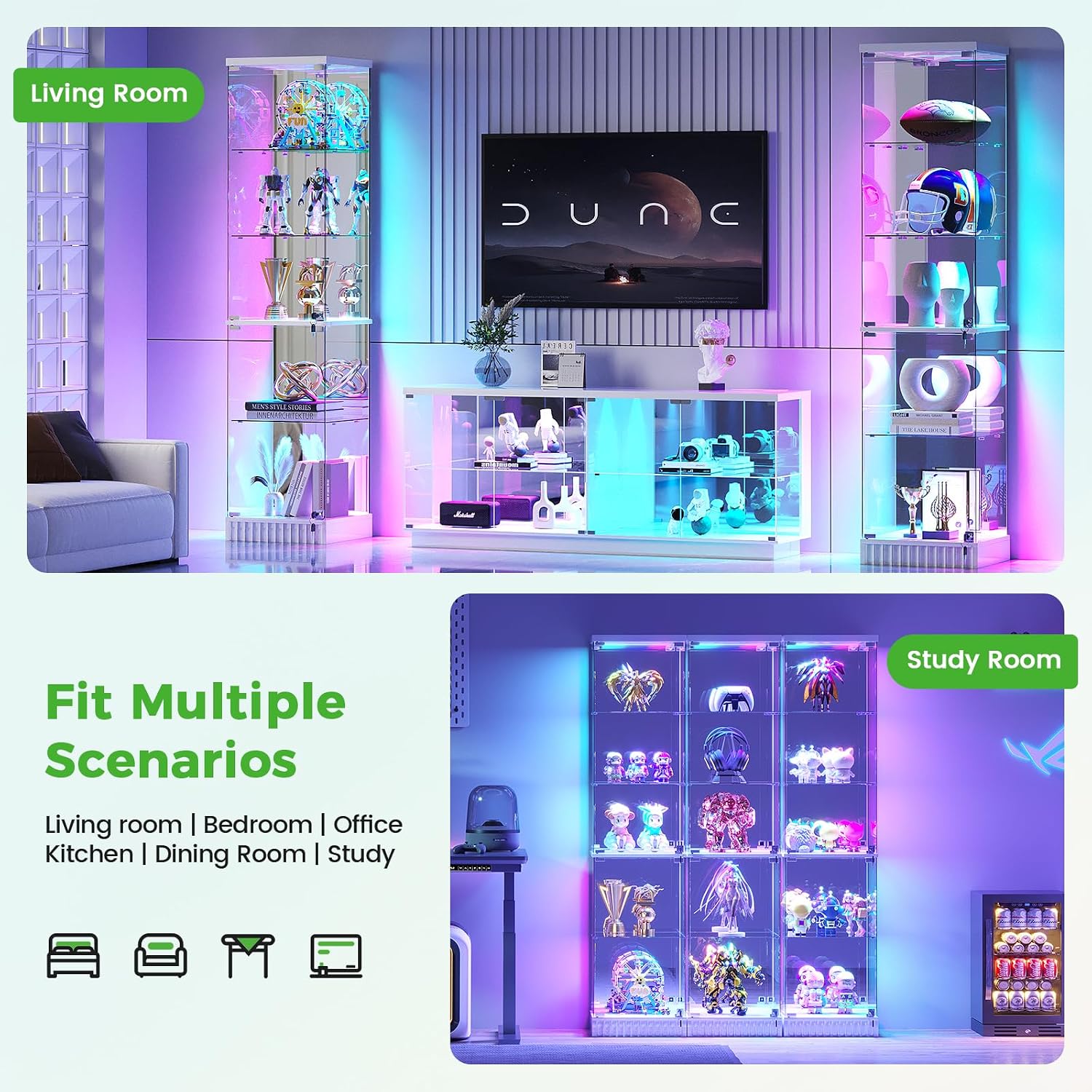 HNEBC Glass Display Case Set and TV Stand for LIvingroom, 5-Tier Curio Cabinet with RGB Lights for Collection, China Cabinet with Glass Doors, Entertainment Center with 2AC Outlet -3PCS White
