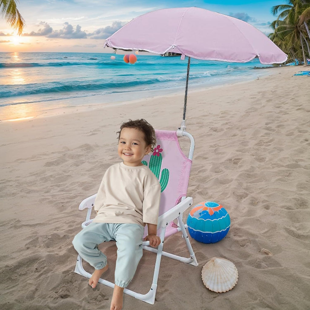 Kids Beach Chair with Umbrella, Foldable & Detachable Portable Oxford Cloth Cute Kids Beach Chair with Canopy for Outdoor Summer, Cactus