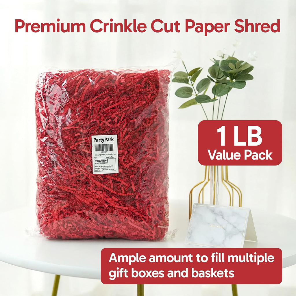 Bobobag 1 LB Red Crinkle Cut Paper Shred Filler, Decorative Shredded Paper for Gift Baskets and Box Packaging, Perfect for Weddings, Birthdays, Party Favors, Christmas, Mother's Day & Valentine's Day Gifts
