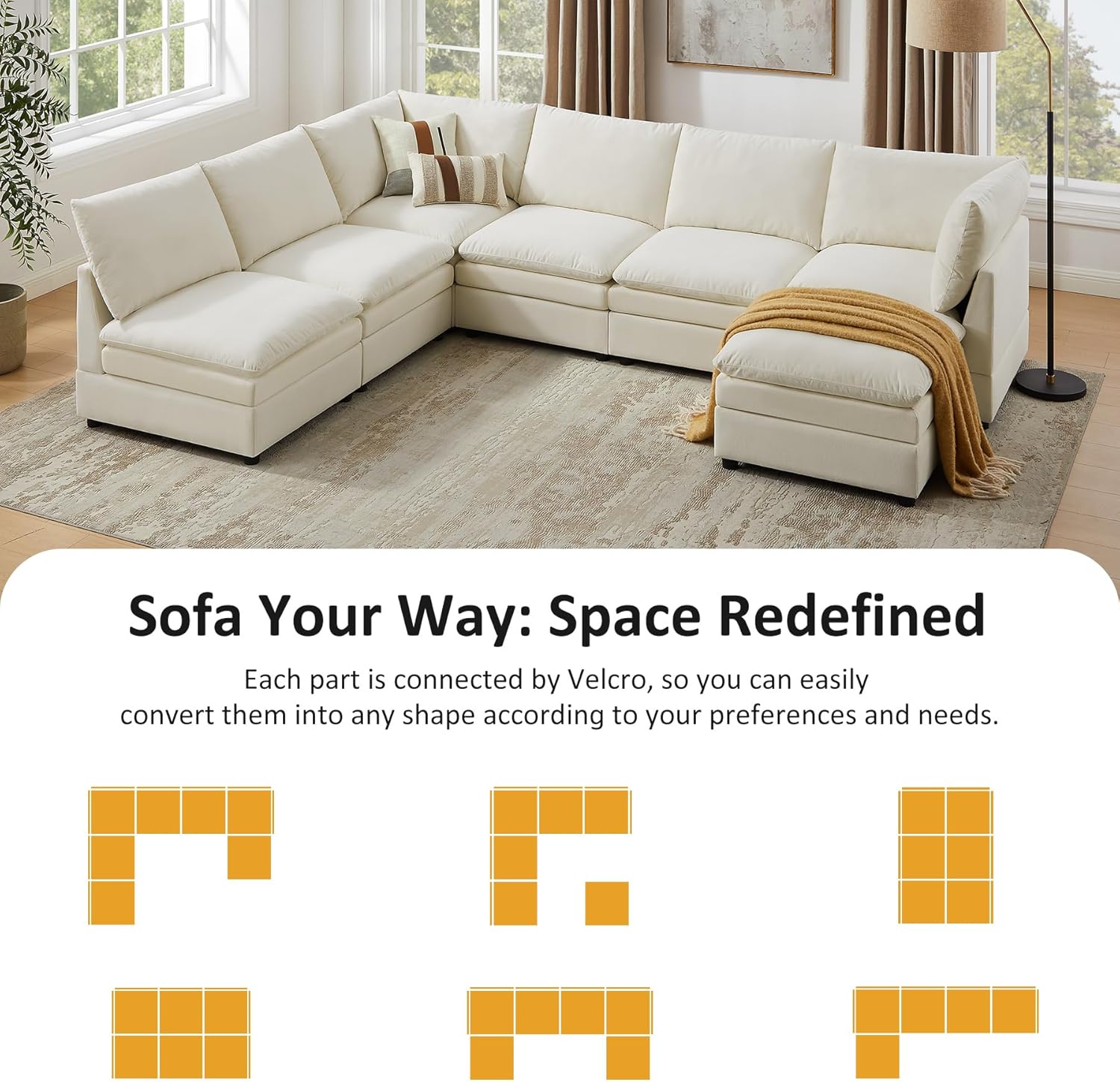 VANOMi U Shape Modular Sectional Sofa Couch for Living Room, Oversized Modern Sleeper Cloud Couch with Deep Seat Double-Layer Thick Cushion Ottoman, Convertible Upholstered Sofa Set, Ivory White