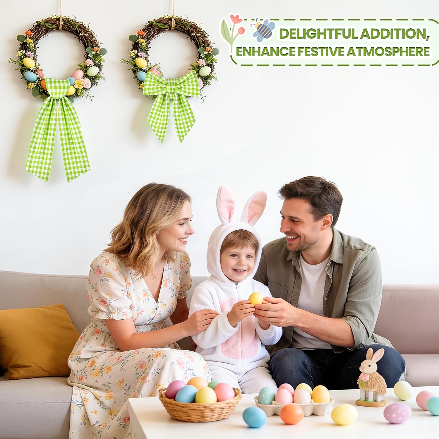 Spring Wreath Sash, 56 Inch Green and White Plaid Front Door Wreath Sash for Holiday Indoor Outdoor Decorations, 1 Pcs