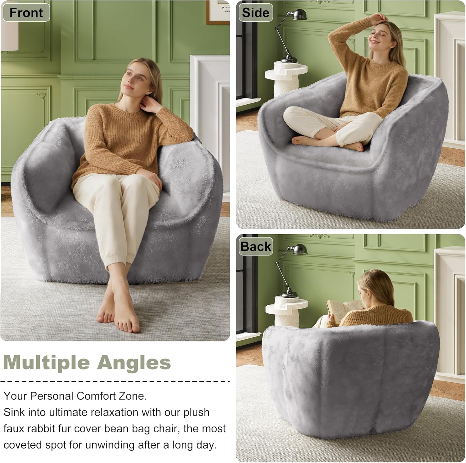 Bean Bag Chair,BeanBag Chairs for Adults,Oversized Bean Bag Couch,Grey Bean Bag with Memory Foam Filling,Faux Fur Reading Chair,Stuffed Floor Sofa for Bedroom Dorm Living Room, Apartment,Grey