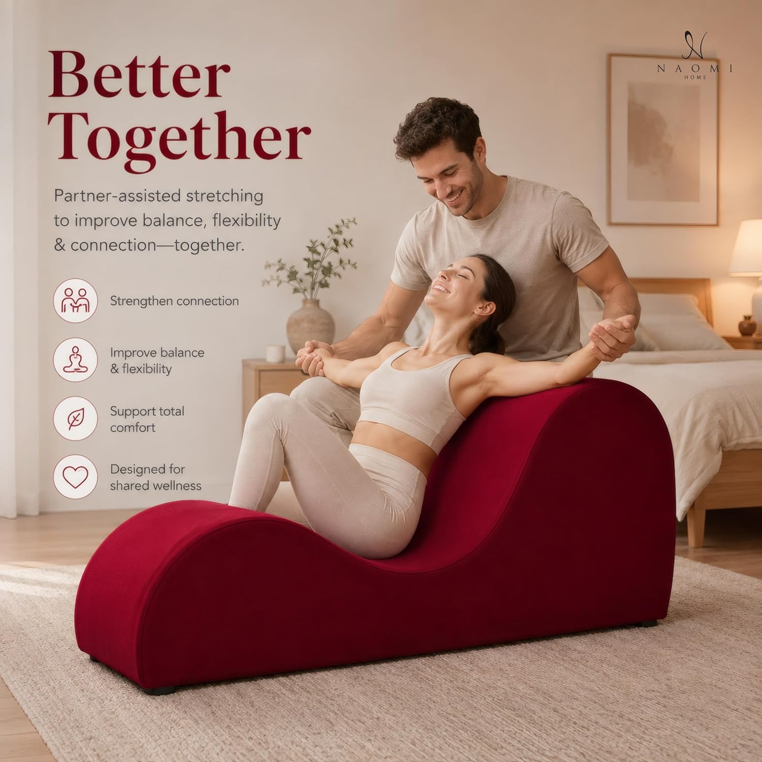 Naomi Home Yoga Chair for Adults - Ergonomic Yoga Chaise Lounge Bench, Wood & Metal Frame, 330 lb Capacity, Upholstered Microfiber Lounge for Deep Stretching, Relaxation & Creative Comfort - Red