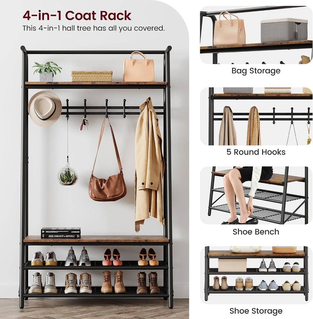 Amyove Coat Rack Shoe Bench with 10 Hooks, Hall Trees Entryway Bench with Storage, Multifunctional Hallway Organizer, Wood Look Accent Furniture with Metal Frame