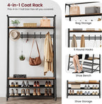Amyove Coat Rack Shoe Bench with 10 Hooks, Hall Trees Entryway Bench with Storage, Multifunctional Hallway Organizer, Wood Look Accent Furniture with Metal Frame