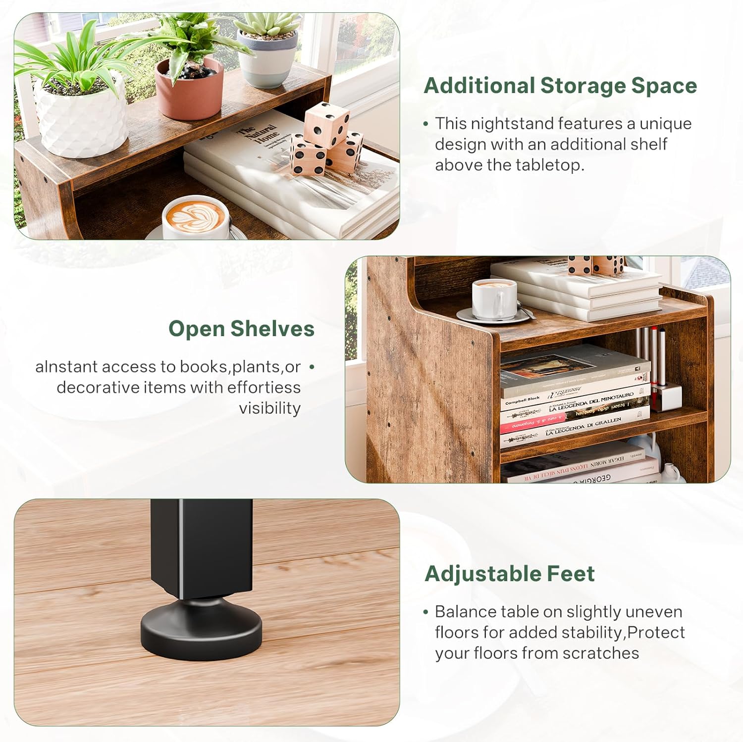 Simple Trending Night Stand, Wood End Table Nightstands, Modern Bedside Table with Open Shelf, Side Table for Bedroom Living Room, Rustic Brown