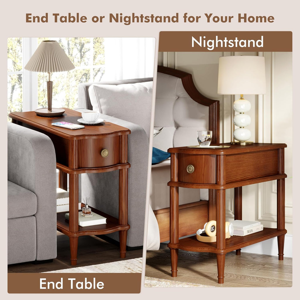 Nightstand with Charging Station & Drawer, Pre-Assembled Vintage Side Table with Shelf, Rustic Wood Finish Narrow End Table with Turned Legs for Bedroom Living Room, Caramel Walnut Brown, 2Pcs
