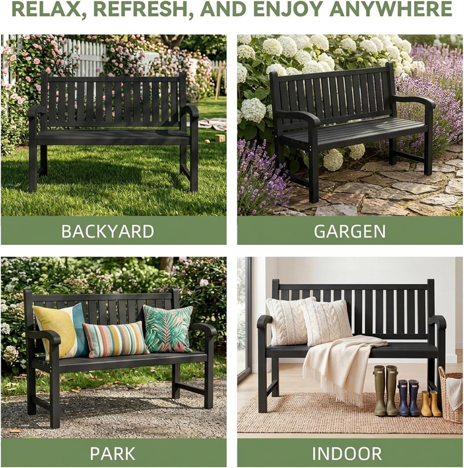 Outdoor Bench, 2-Person Outdoor Benches Weatherproof with 600 lbs Weight Capacity, Low Maintenance, Garden Bench for Patio, Park, Porch, Backyard, Balcony and School (Black)