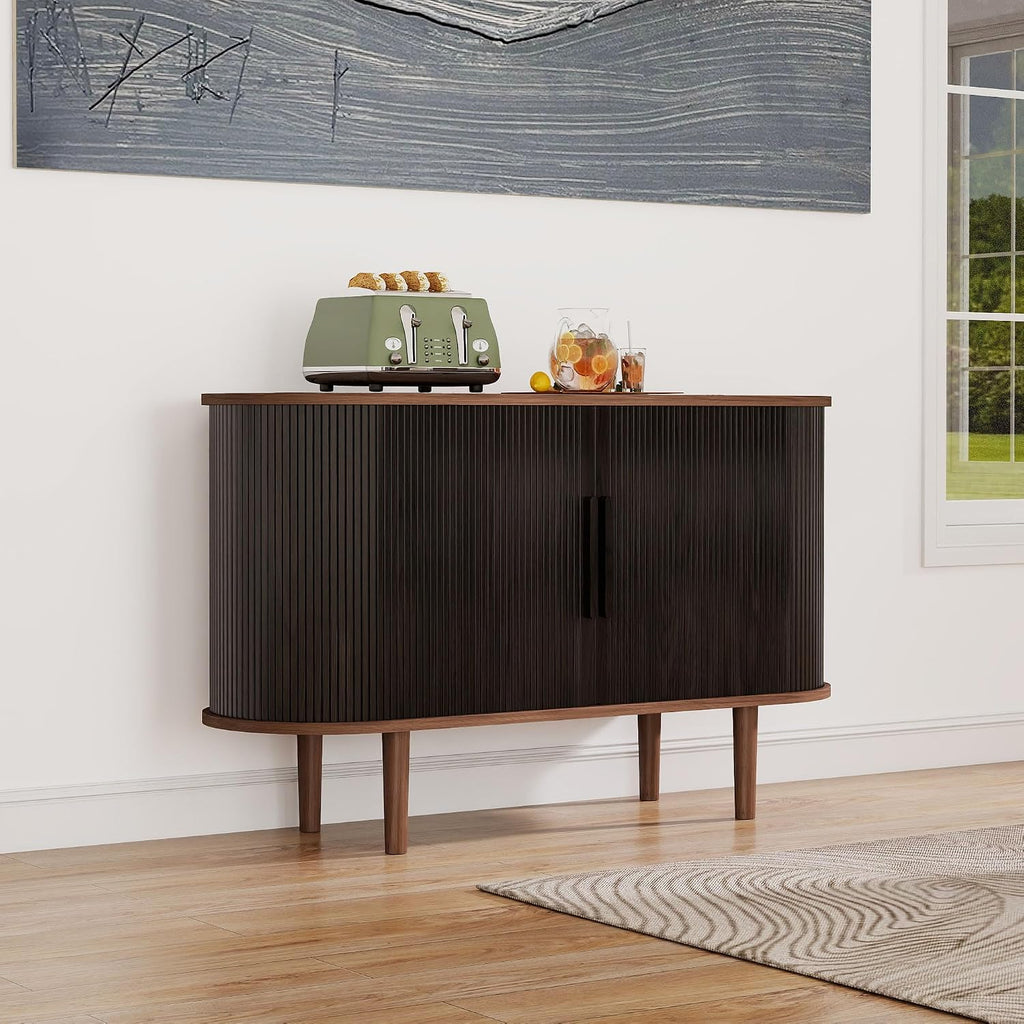47" Modern Buffet Cabinet with Charging Station, Mid-Century Fluted Sideboard Table, Rounded Console with Storage & USB/Type-C Ports for Dining Room Kitchen Coffee Bar, Black