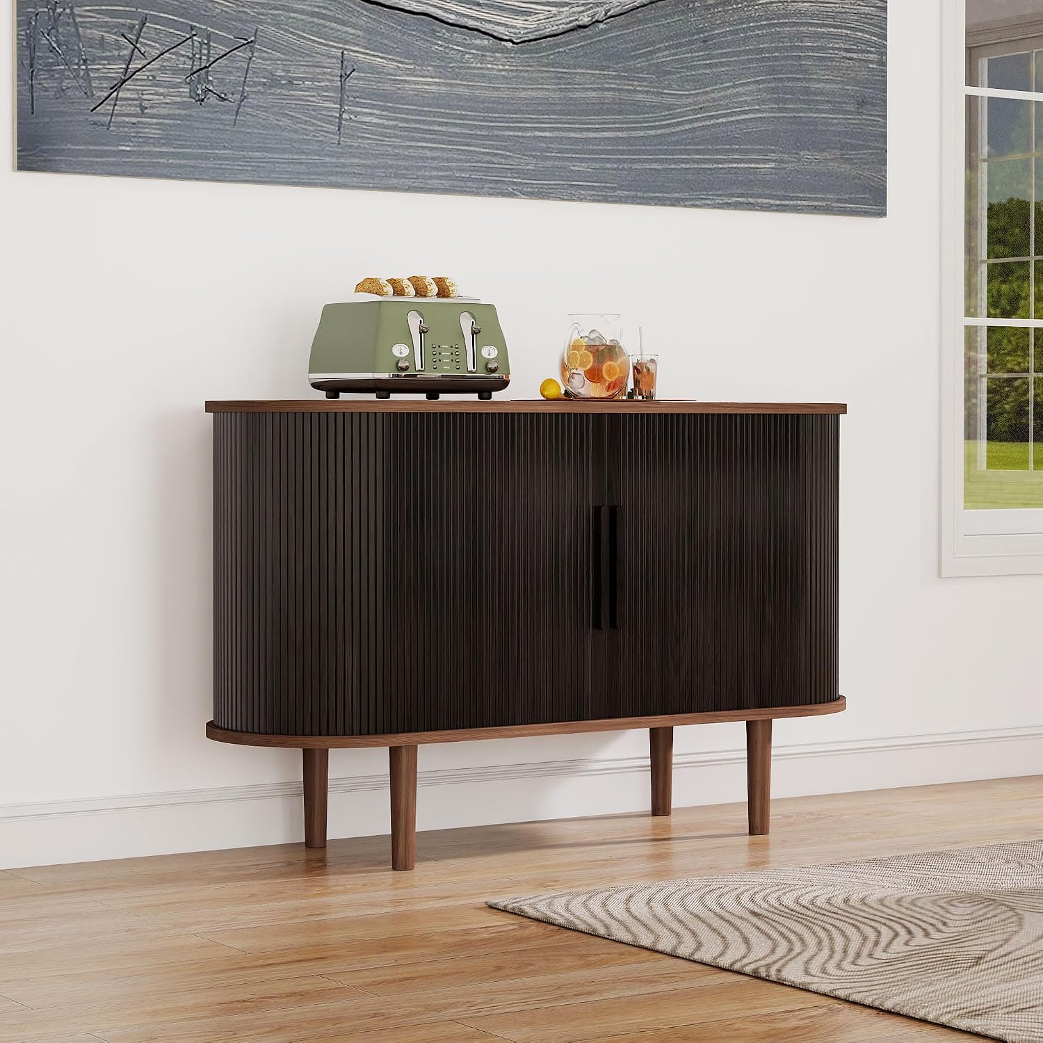 47" Modern Buffet Cabinet with Charging Station, Mid-Century Fluted Sideboard Table, Rounded Console with Storage & USB/Type-C Ports for Dining Room Kitchen Coffee Bar, Black