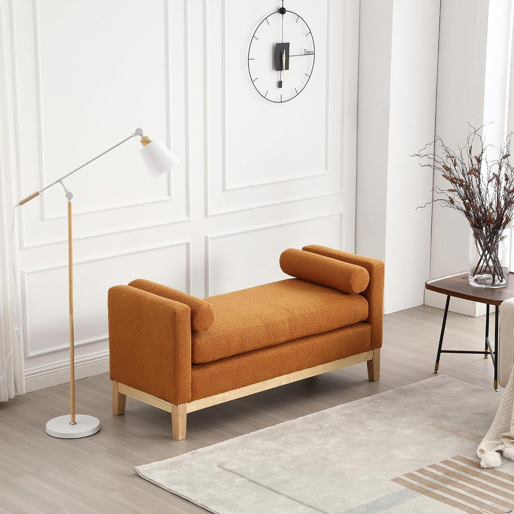 Ottoman Bench,End of Bed Bench with Wood Legs & Bolster Pillows,Upholstered Bench for Bedroom, Living Room, Entryway,53.5" W, Navy (Caramel)