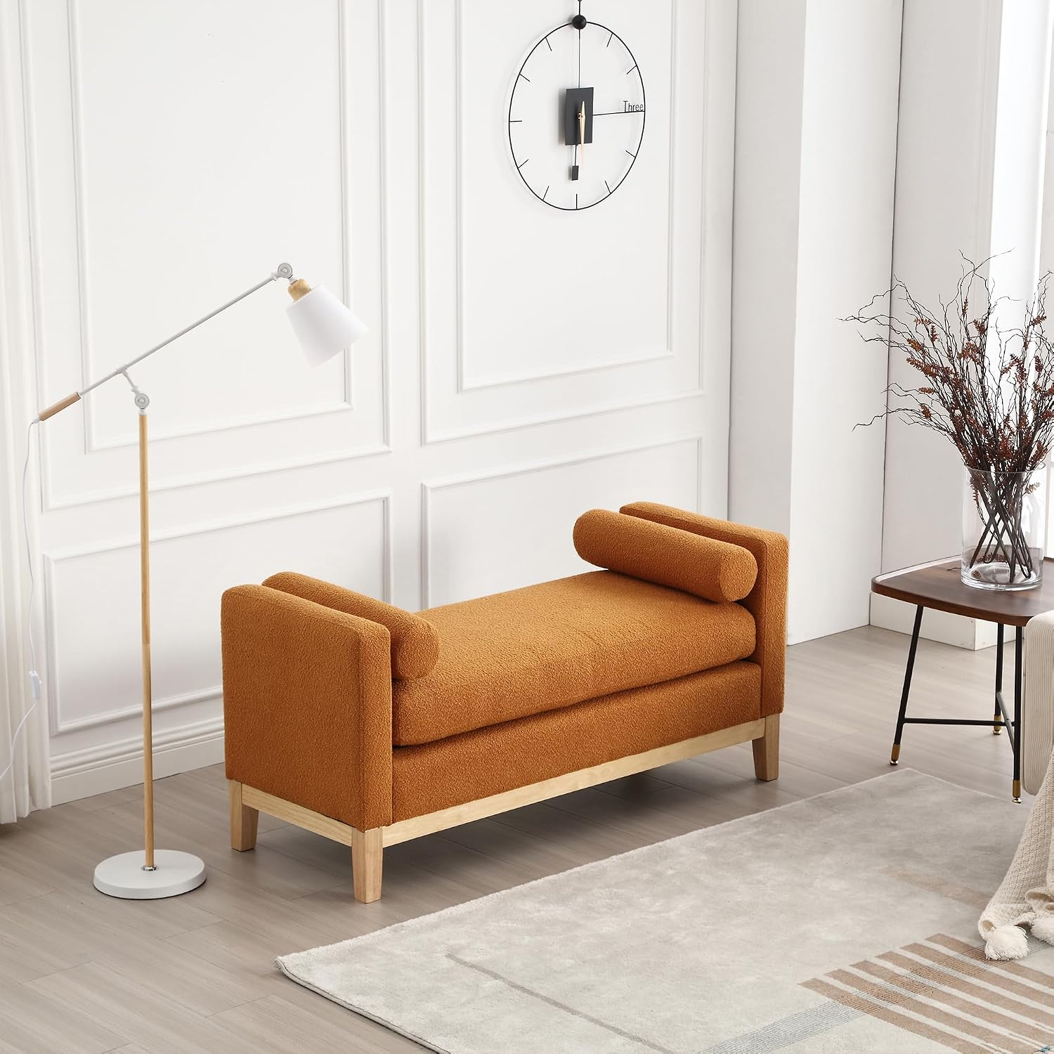 Ottoman Bench,End of Bed Bench with Wood Legs & Bolster Pillows,Upholstered Bench for Bedroom, Living Room, Entryway,53.5" W, Navy (Caramel)