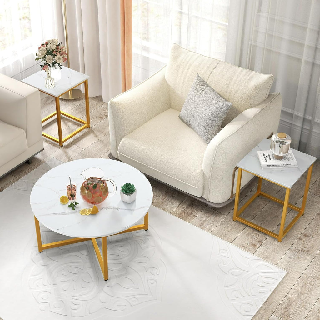 COSTWAY Coffee Table Set of 3, Round Faux Marble Coffee Table and 2 Square End Side Tables with Metal Frame, Modern 3-Piece Living Room Tables Set for Small Space, Apartment (White & Gold)