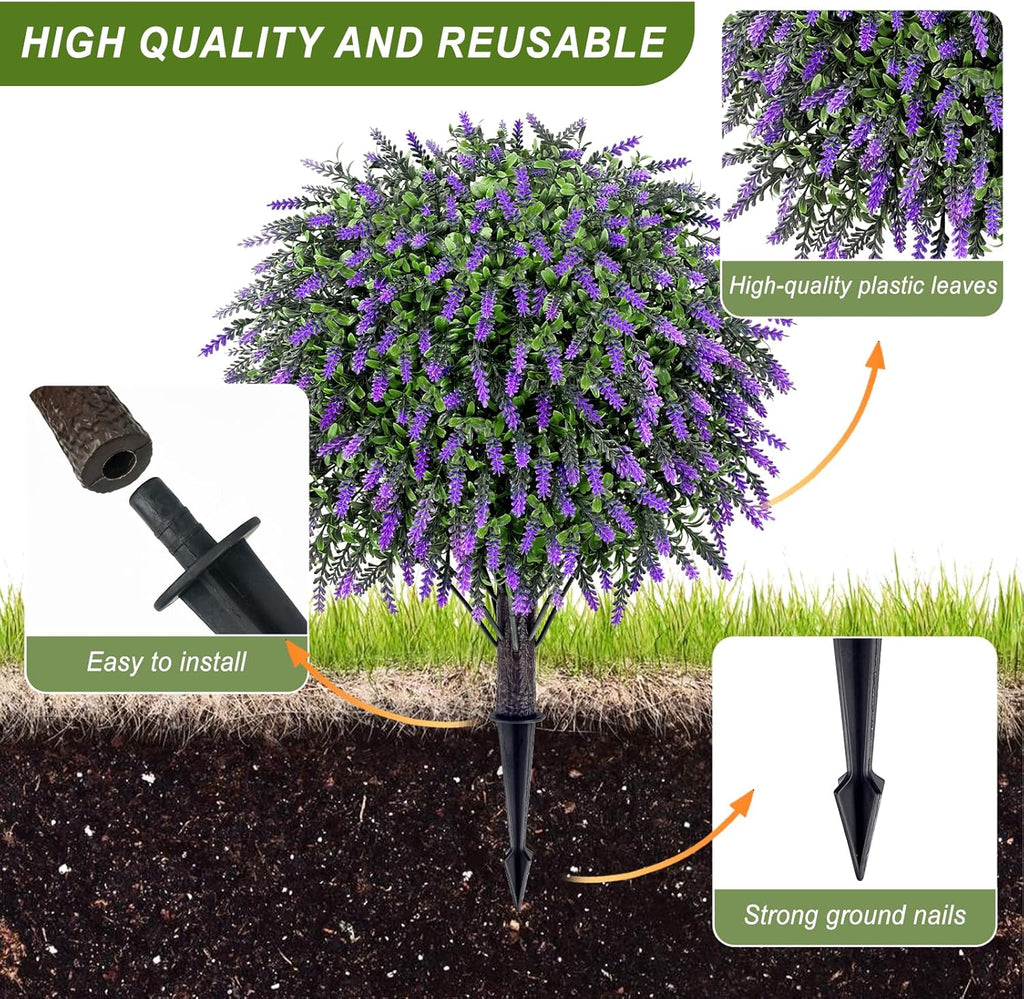 Artificial Plants Bushes for Outdoors, 2 Pack 25.6" Faux Topiary Ball Trees Lavender Plants with Stakes/Spikes for Outside, UV Resistant Fake Greenery for Front Porch, Garden, Yard (Purple, Green )