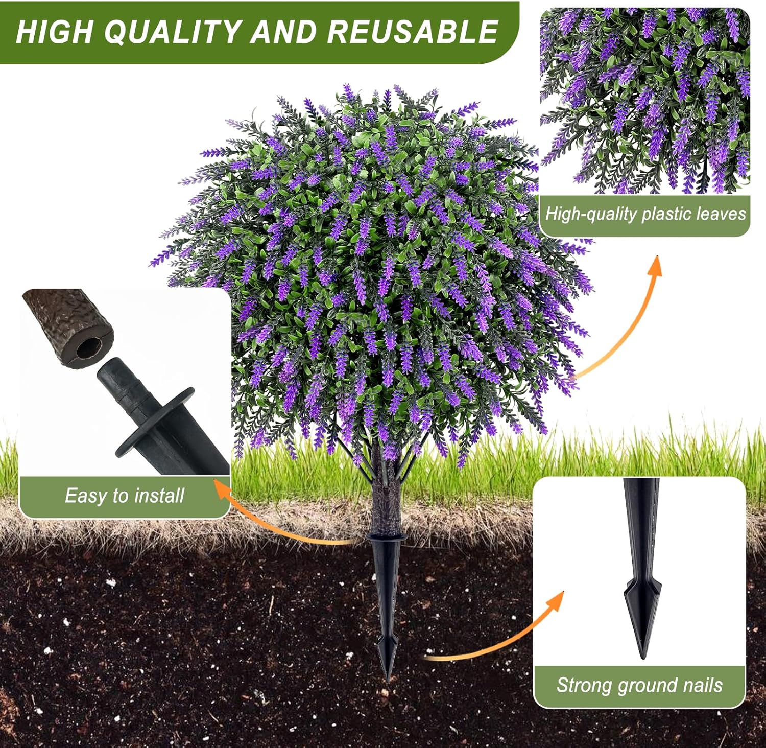 Artificial Plants Bushes for Outdoors, 2 Pack 25.6" Faux Topiary Ball Trees Lavender Plants with Stakes/Spikes for Outside, UV Resistant Fake Greenery for Front Porch, Garden, Yard (Purple, Green )