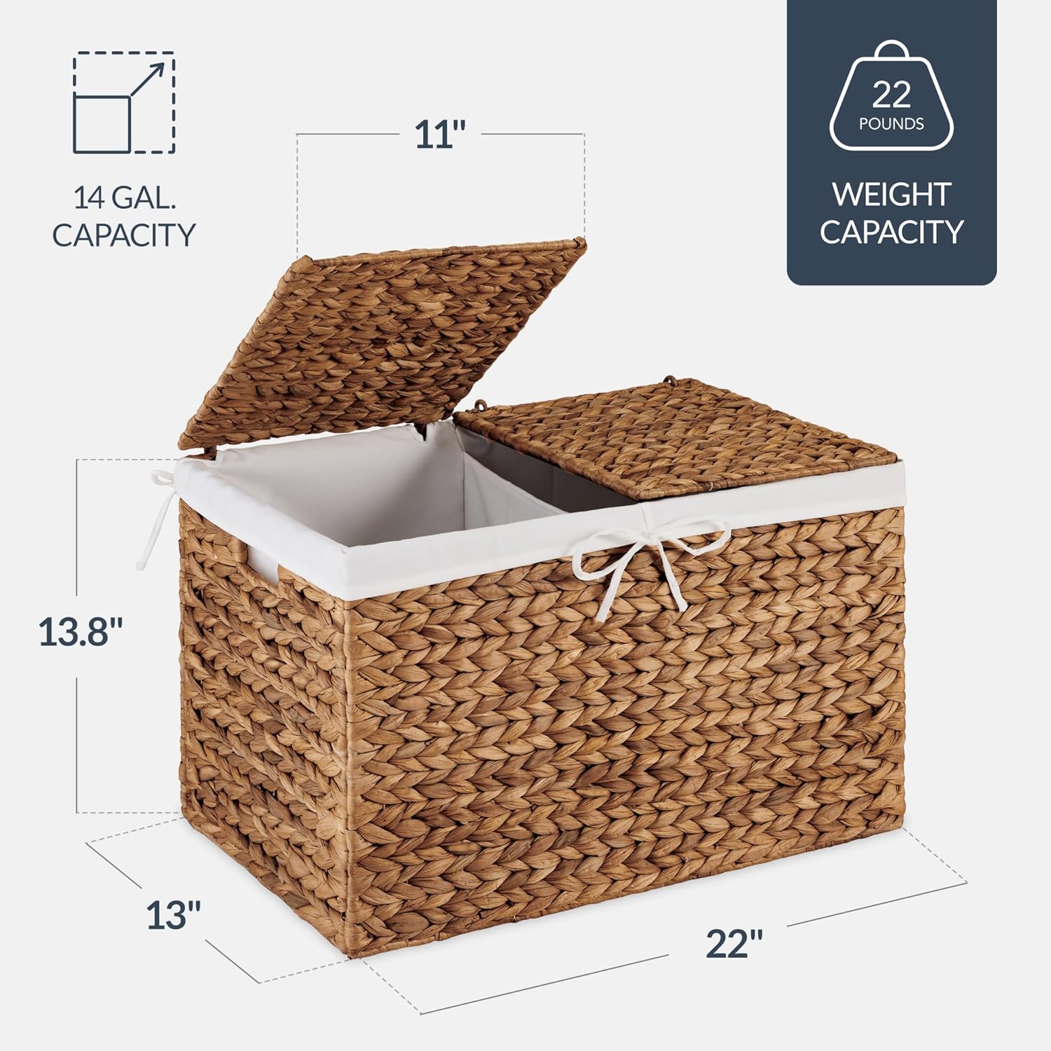 Best Choice Products Wicker Storage Basket W/ 2 Separate Lids, Rattan Woven 17.2 Gallon (65L) Basket, Foldable, Removable Washable Liner Bags for Toys, Linens, Blankets, & Laundry - Chestnut