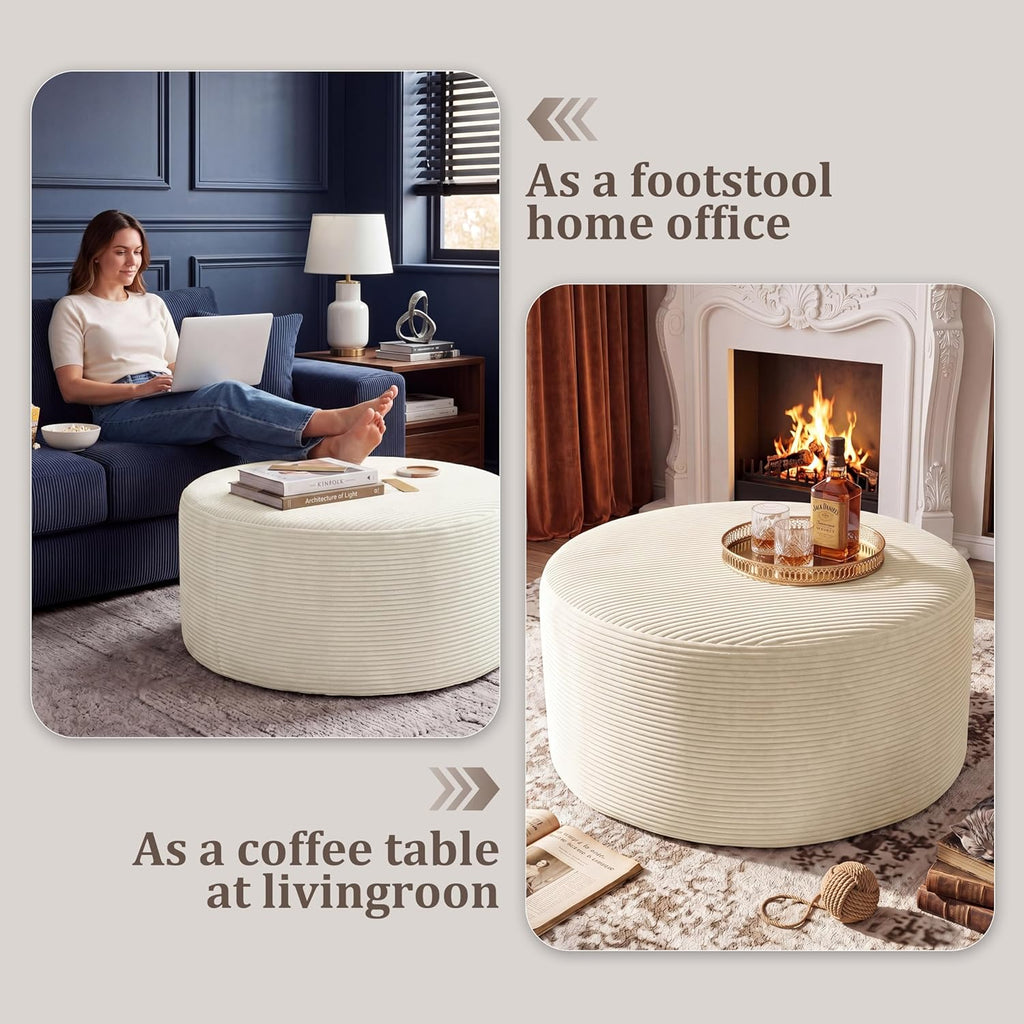 BSHOMGI Round Ottoman,Corduroy Ottomans Foot Stool, 27.5" Pouf Footstool Ottomans Seat, Round Footrest, Modern Side Table for Living Room Bedroom Home Decor No Assembly Require (Beige, 27.5")