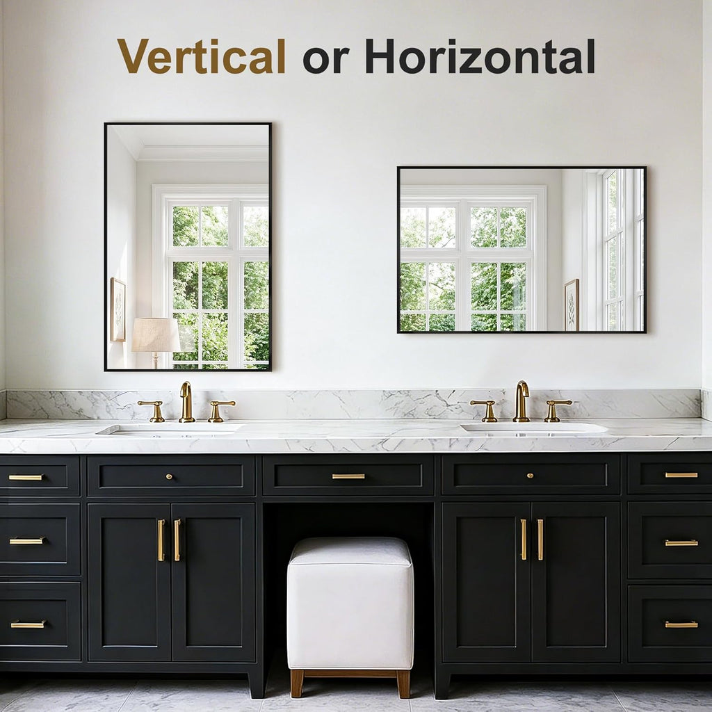 Bathroom Vanity Mirror for Wall, 30x20 Matte Black Bathroom Mirror, Shatterproof Tempered Glass Rectangle Wall Mounted Bathroom Mirrors for Over Sink, Bedroom, Living Room, Entryway