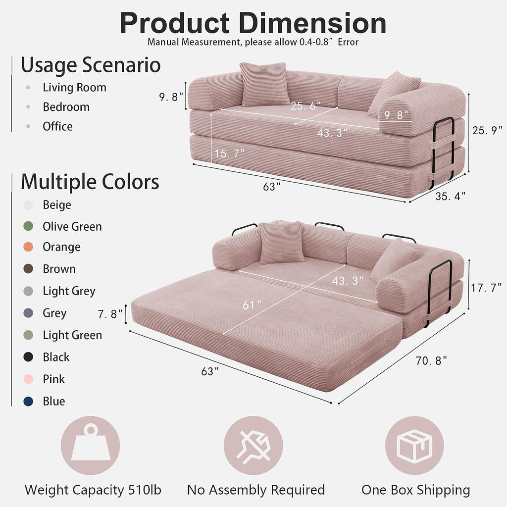 JJJ 63 inch Sofa Bed 4-in-1 Boneless Convertible Corduroy Sleeper Folding Couch with Fixed-Shape Frame and 2 Futons No Assemble Required 3 Seater Upholstered for Living Room (Pink, 63 inch)