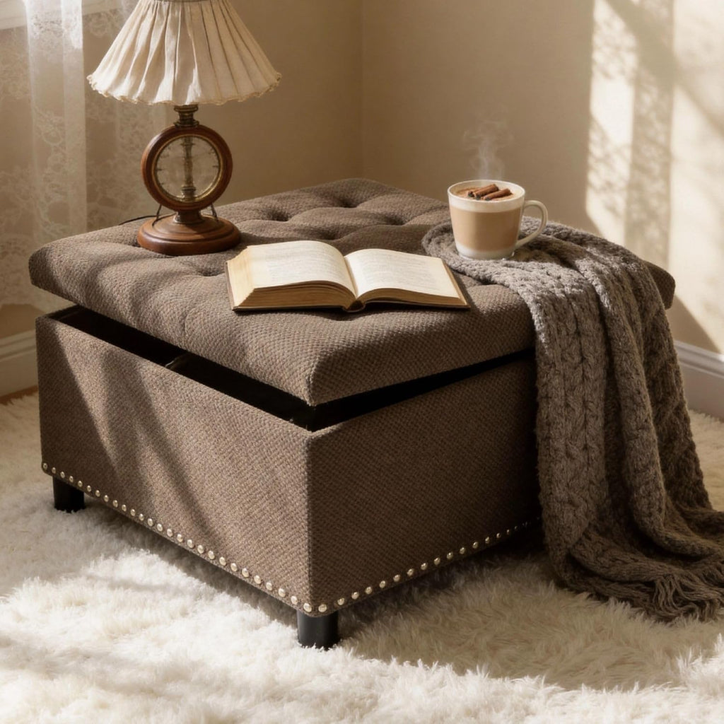 Square Ottoman with Storage, 30" Large Storage Ottoman Foot Rest Stool with Tufted Top and Nailhead Trim for Living Room, Bedroom, Entryway, Coffee Brown
