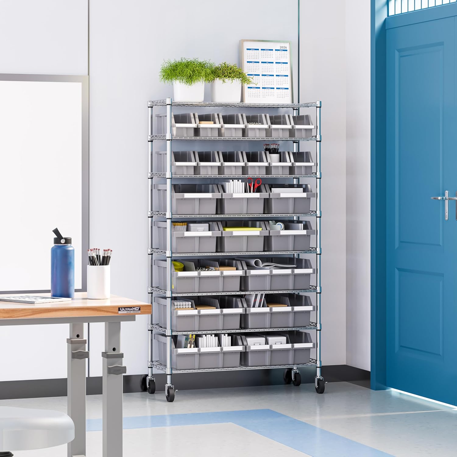 Seville Classics Heavy Duty NSF Bin Rack Solid Steel Wire Shelving Storage Unit, Patented Organizer for Garage, Warehouse, Office, Restaurant, Classroom, Kitchen, Gray, 8-Tier Includes 24 Bins