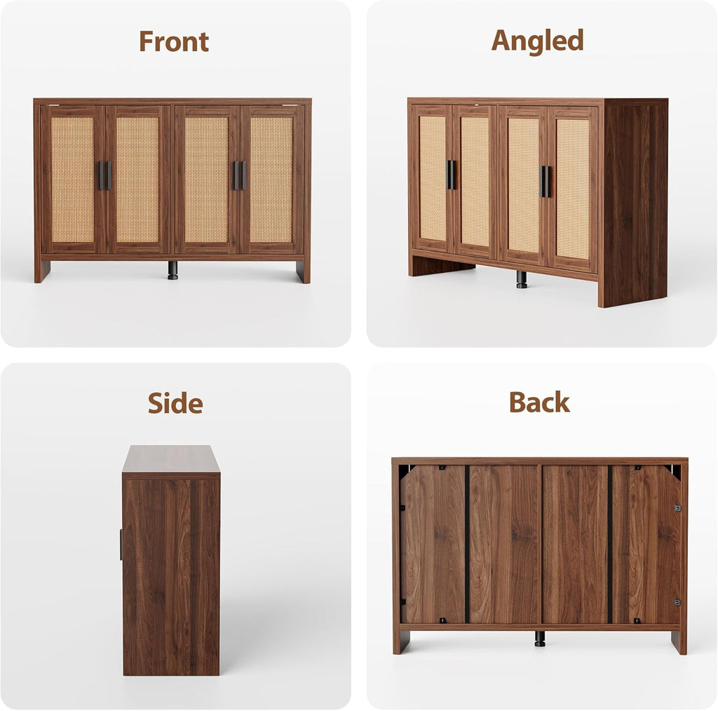 Mericonia Rattan Buffet Cabinet with Storage, Sideboard Cabinet with Doors and Adjustable Shelves, Farmhouse Coffee Bar Station Table, Modern Wood Cupboard for Kitchen, Livingroom, Walnut