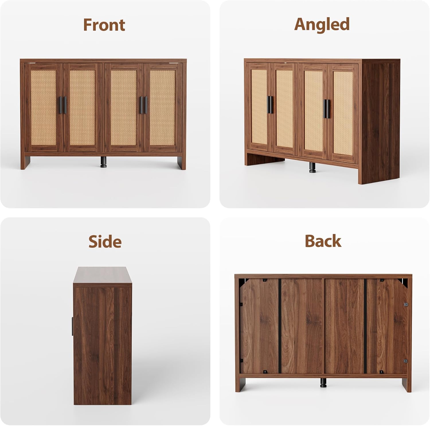 Mericonia Rattan Buffet Cabinet with Storage, Sideboard Cabinet with Doors and Adjustable Shelves, Farmhouse Coffee Bar Station Table, Modern Wood Cupboard for Kitchen, Livingroom, Walnut