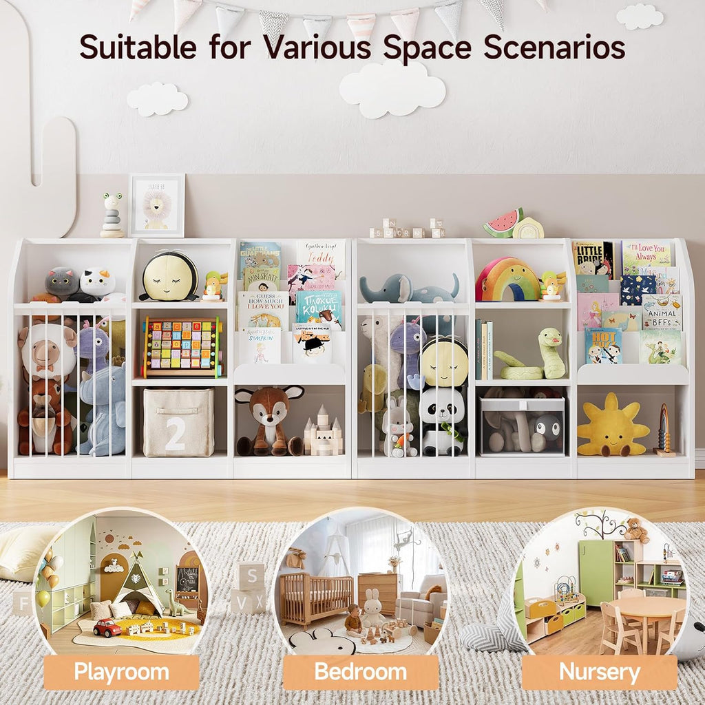 ONBRILL Toy Storage Organizer with Bookshelf & Stuffed Animal Storage, Kids Montessori Low Cabinet with 4 Open Cubbies for Kids Room Playroom Nursery Bedroom Living Room (White)