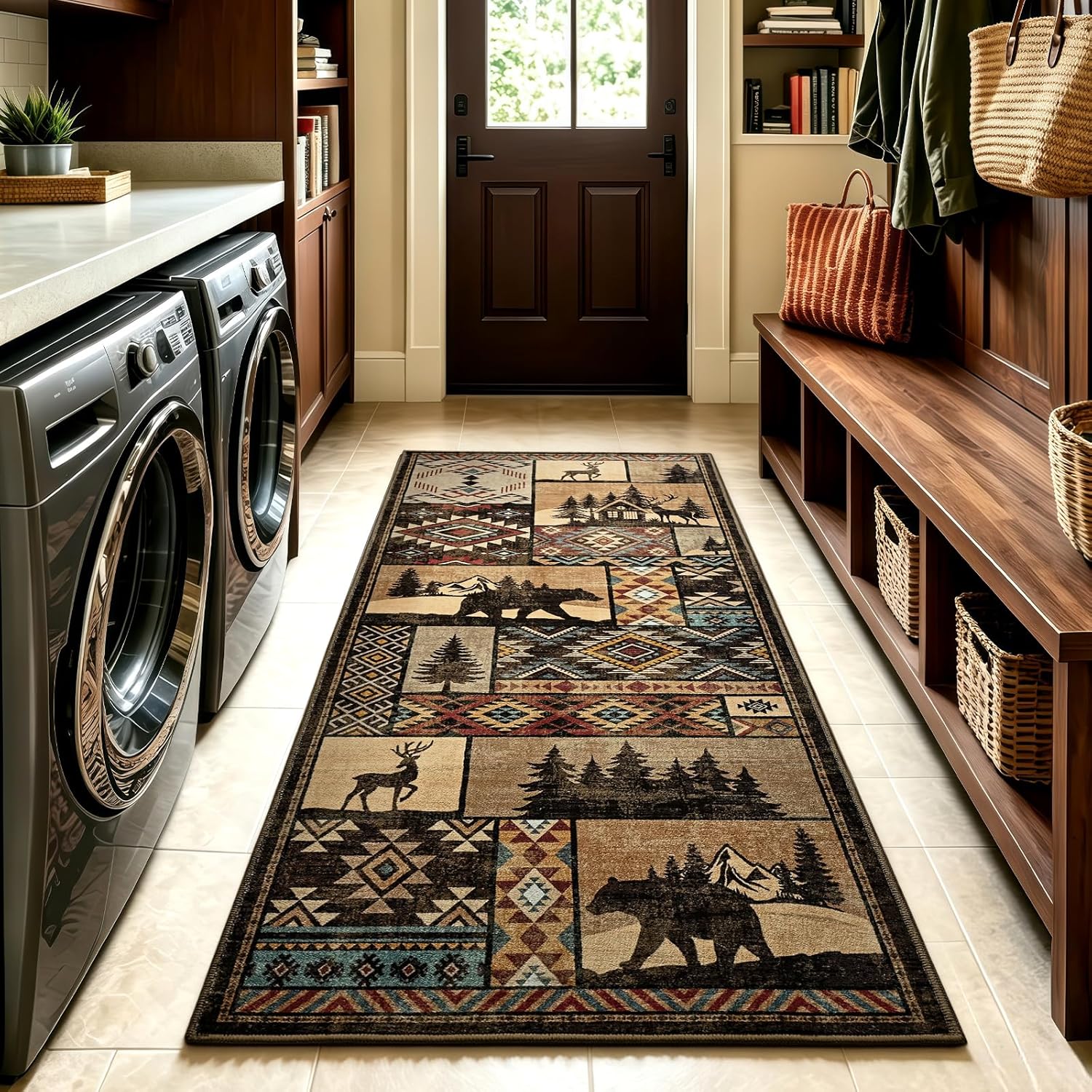 HOMORE Runner Rug 2x5 Washable Western Rugs for Hallway Entryway,Rustic Cabin Runner Rug Non Slip,Southwestern Lodge Rugs for Bedroom Kitchen Laundry,Brown