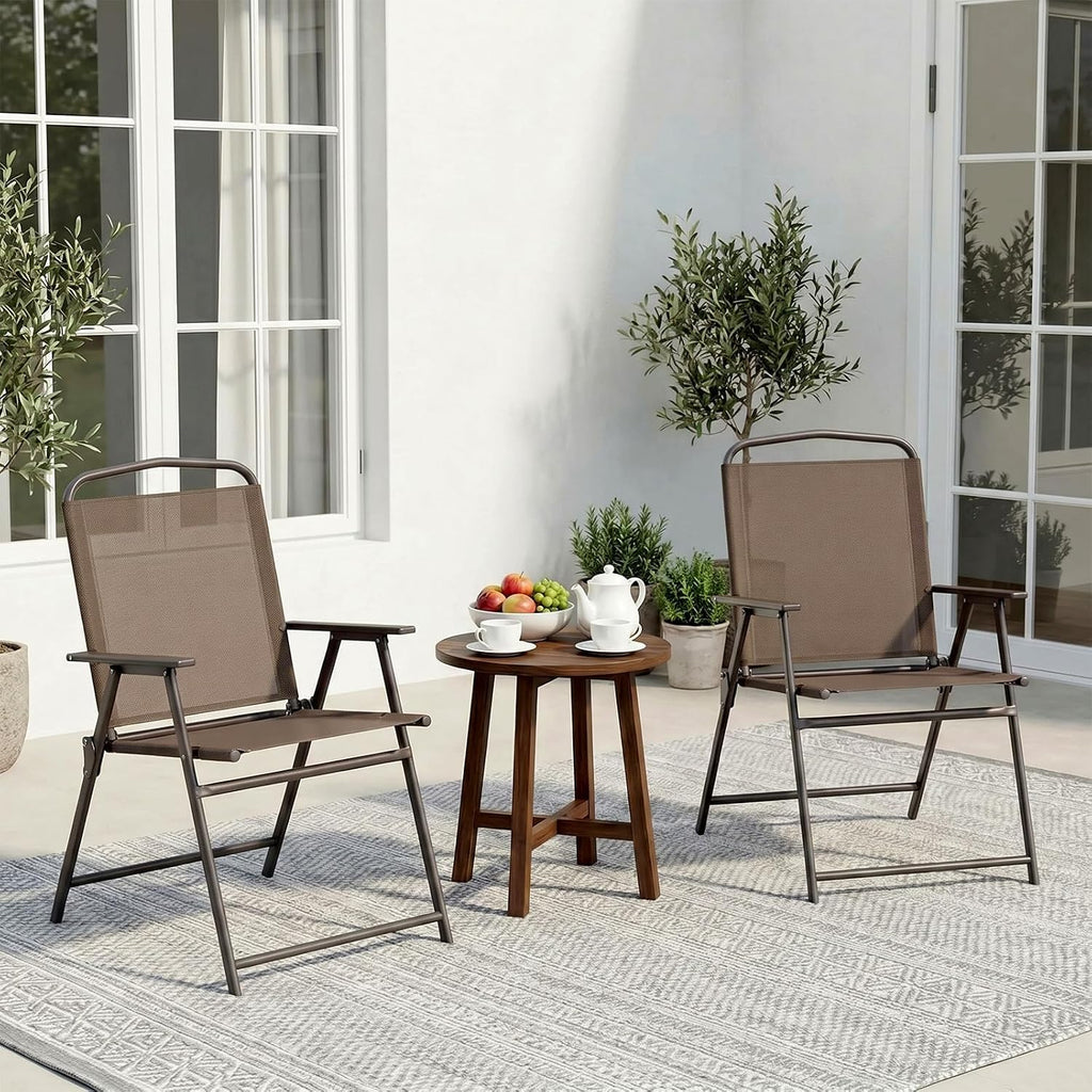 TLSUNNY Patio Folding Chairs Set of 2, Portable Dining Lawn Chairs, Outdoor Folded Furniture W/Breathable Textilene & Steel Frame, Armrests & Crossbar, All Weather for Pool, Camping (2, Brown)