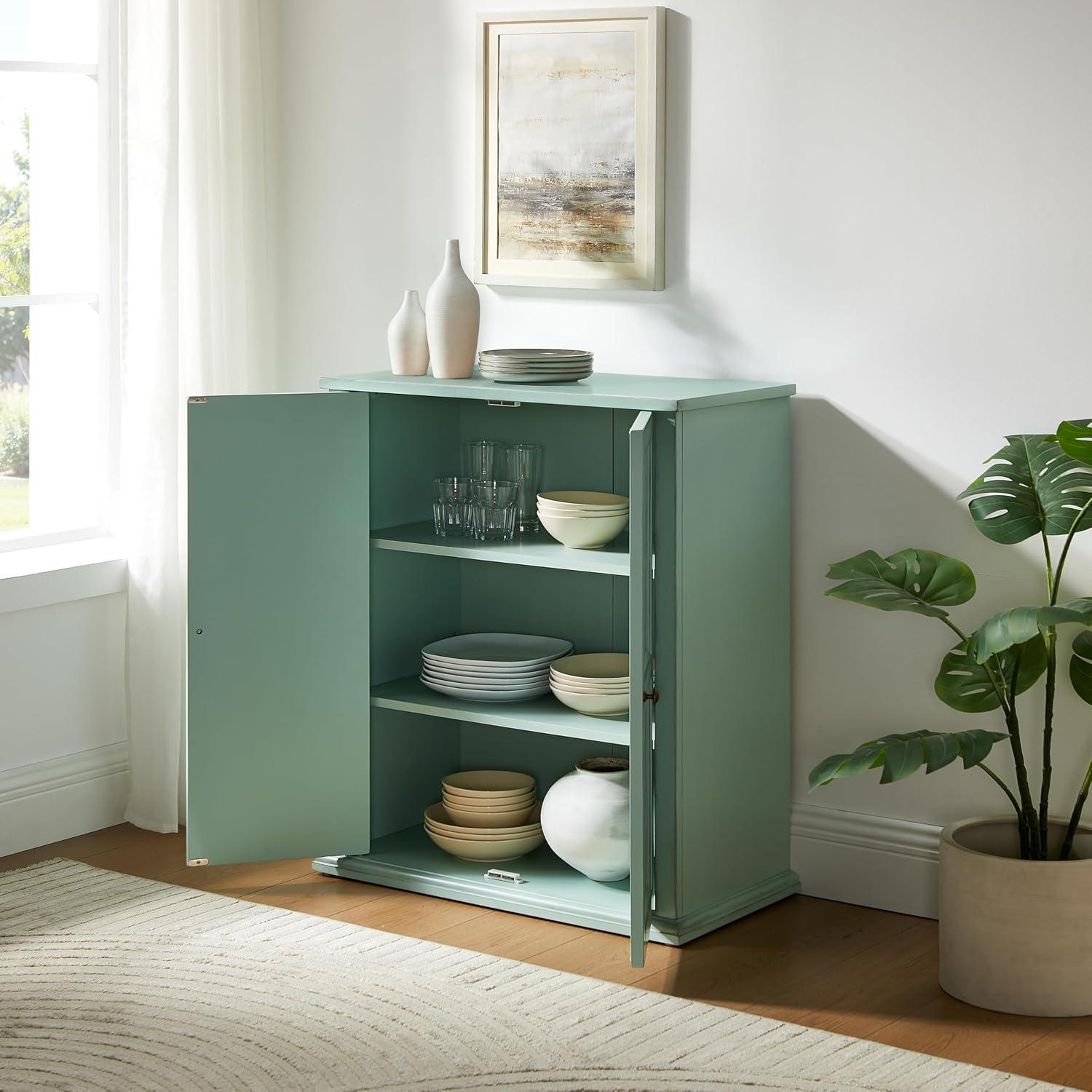 Crosley Furniture Holbrook Traditional Stackable Kitchen Storage Pantry, Accent Cabinet, Bathroom Storage, Distressed Seafoam Blue
